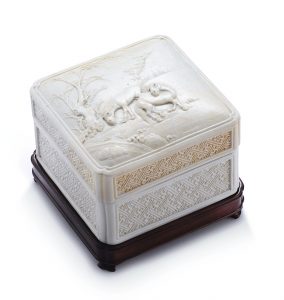 WHITE-GLAZED CARVED 'HORSE' BOX AND COVER, BY WANG BINGRONG