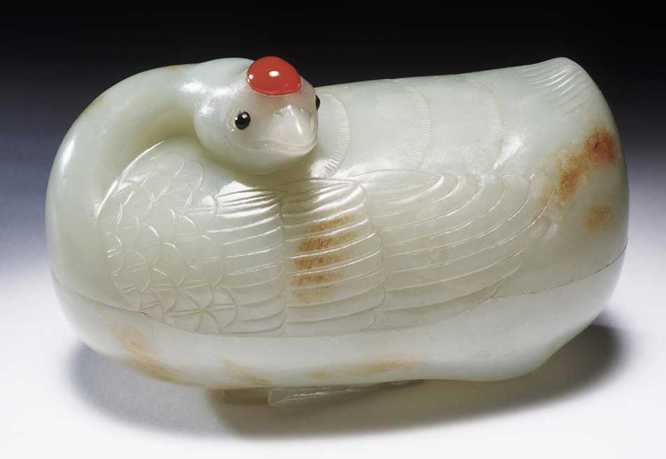 Box in the shape of a goose with its head resting on its body