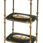 A good Italian gilt metal, bronze, lapis lazuli and micromosaic three tier étagère jewelry case