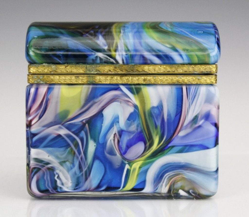 Murano Cased Art Glass Casket Box w/ Brass Trim.