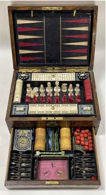 Antique game compendium tiger oak box set with bone game pieces