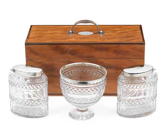 A George III cased silver-mounted glass tea caddy set