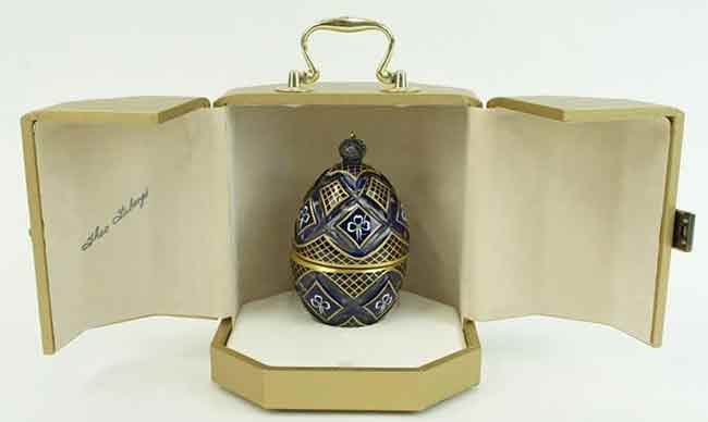 Theo Faberge Gilded Over Cobalt Ground Winter Egg Music Box 