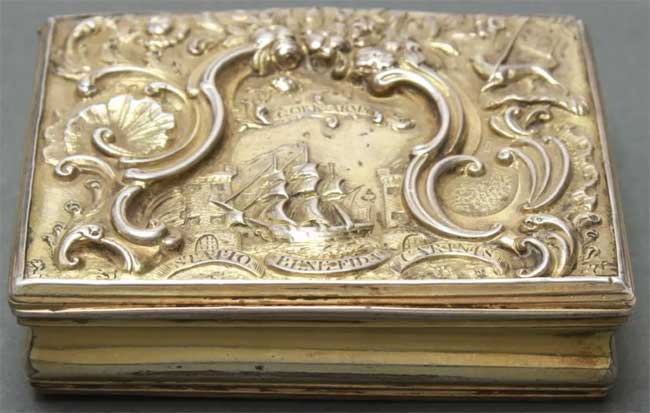 William Reynolds of Cork circa 1760, rare Irish sterling silver gilt repousse "Freedom Box,"