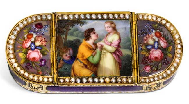 A pearl-set gold and enamel musical watch snuff box, Henri Neisser